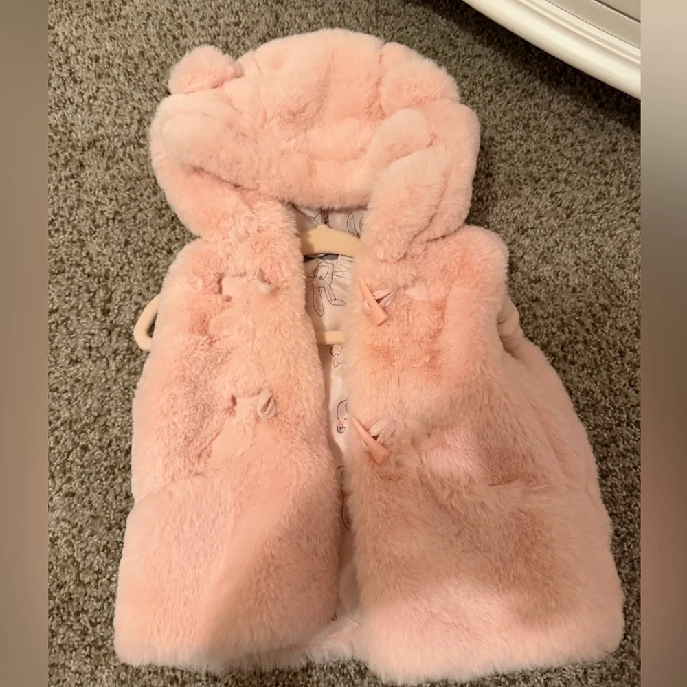 3-6 pink faux fur vest with bear ears
